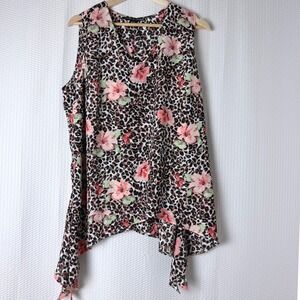 Zoey & Leelo Blouse Women 1X Brown Leopard Floral Sleeveless Flowy Plus Size